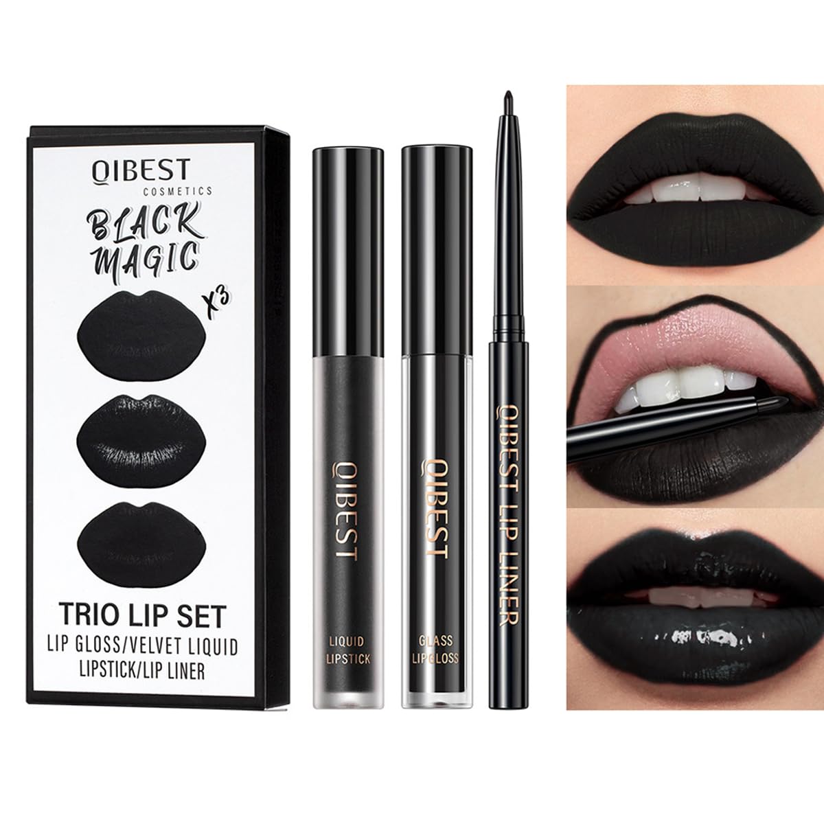 Pakivs 3Pcs Black Matte Liquid Lipstick,Lip Liner,Lip Gloss Trio Lip Set Waterproof Long-Lasting Moisturizing Velvety Lip Stain One Step Lips Makeup Kits