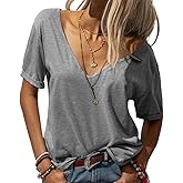 Danedvi Women Fashion Deep V-Neck Short Sleeve Tops Solid Casual Loose Basic T Shirt