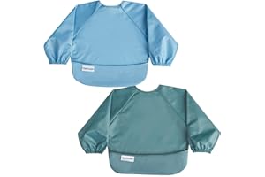 Tiny Twinkle Long Sleeve Bib for Babies & Toddlers | 2-Pack Waterproof Smock Bib for Eating | Machine Washable & Mess-Proof Feeding Essentials | Newborn Shower Gift (Slate Olive,6–24M)