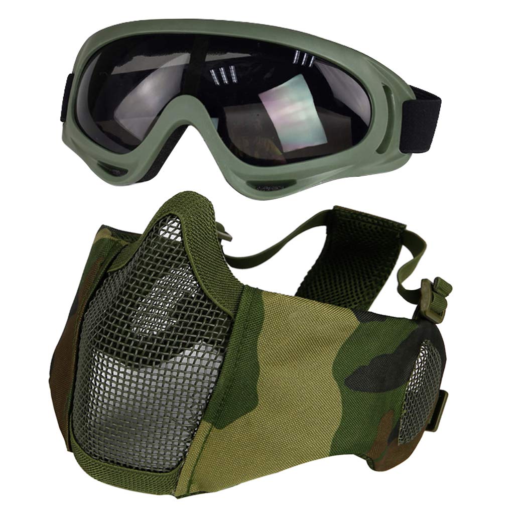 Airsoft Mask with Goggles, Foldable Half Face Airsoft Mesh Mask with Ear Protection for Paintball Shooting Cosplay CS Game (Green 2) — image 1