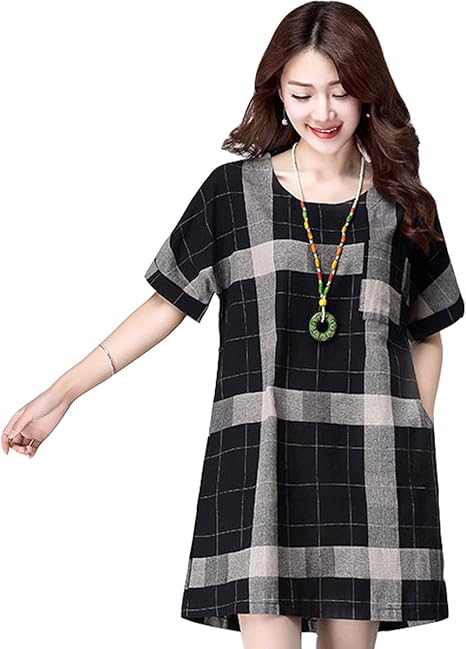 Amazon Co Jp ティーラヨシン Trayosin チェック柄 半袖 チュニック ワンピース 黒 混 レディース 大きいサイズ 夏 綿麻 体型カバー Aライン 服 ファッション小物