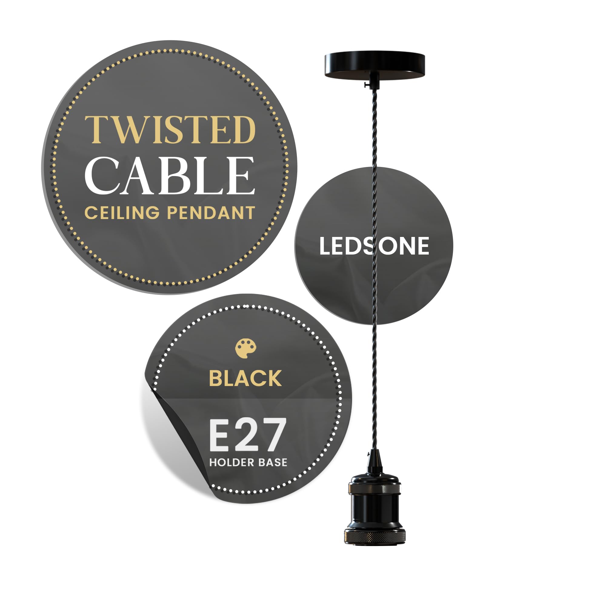 LEDSone Industrial Vintage Black Pendant Light E27 – Adjustable Twisted Braided Cable Ceiling Hanging Lamp Fixture for Kitchen Island, Dining Room, Bar & Loft — image 1