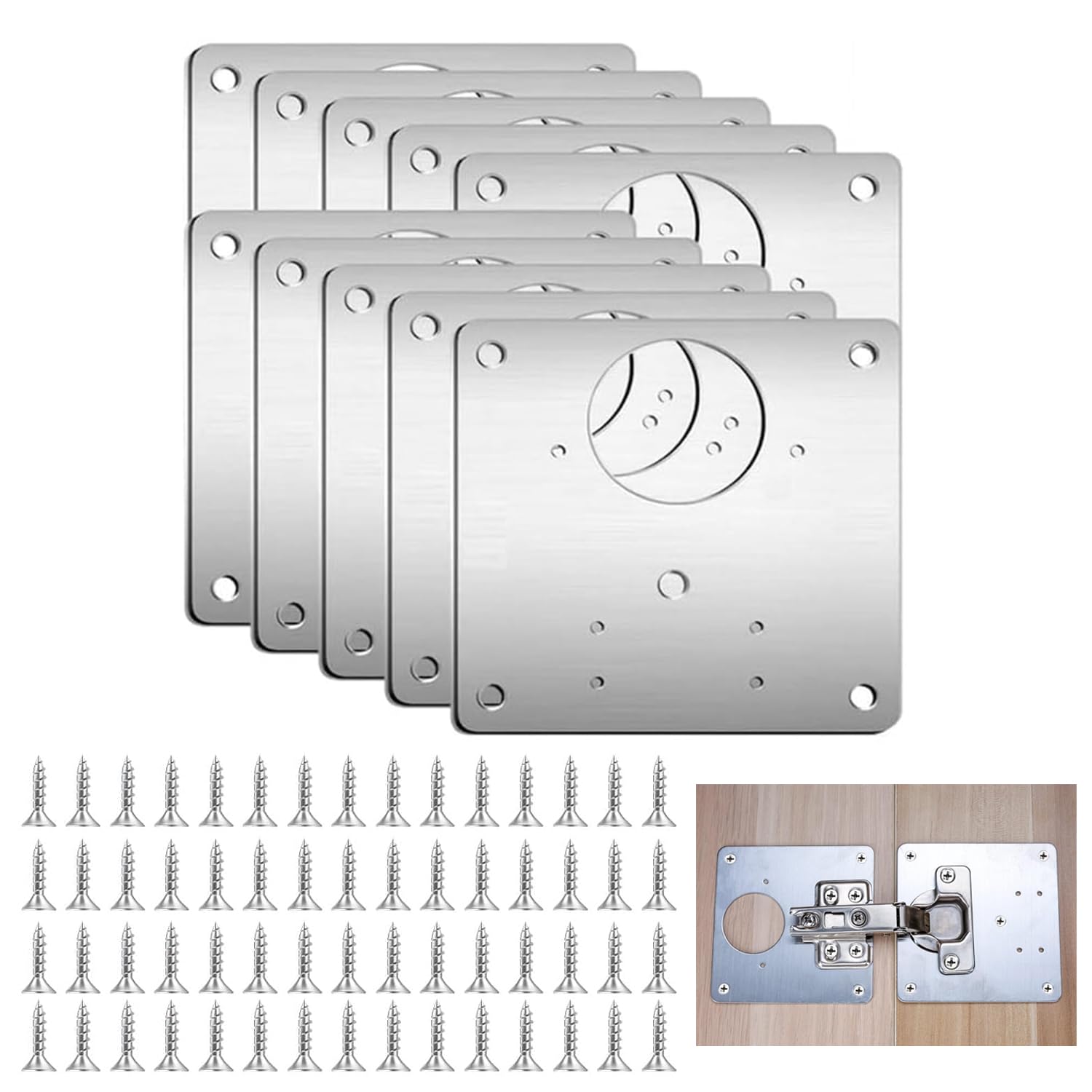 10Pcs Hinge Repair Plates, Cabinet Hinge Repair Kit with 60 Screws, Stainless Steel Kitchen Door Hinge Repair Plate for Kitchen Cupboard Door Wardrobe Wood Furniture, Easy to Use