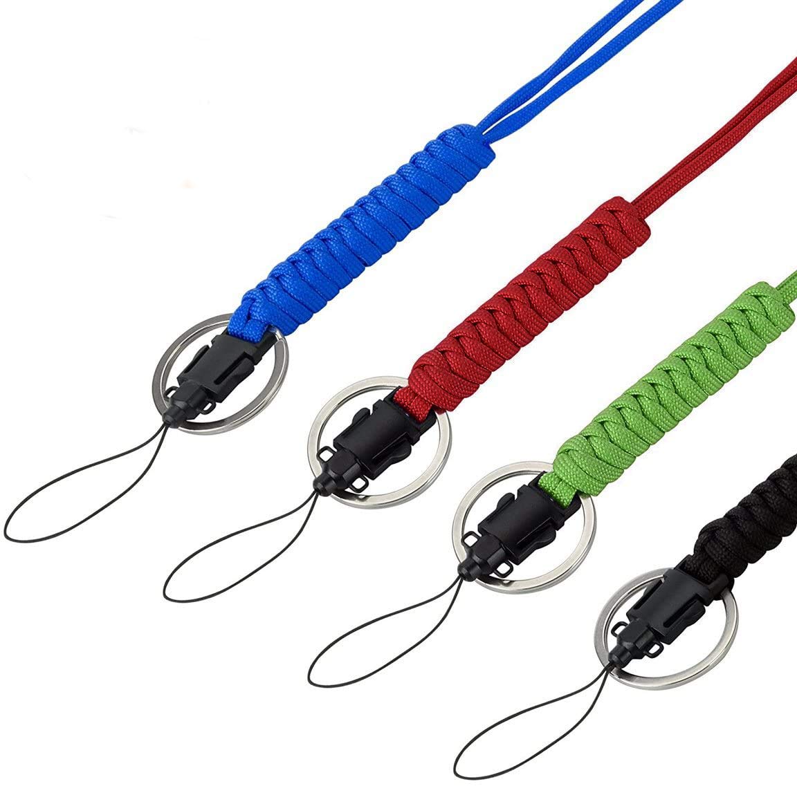 Dawa 4 Pcs Paracord Neck Lanyard Keychain Rope Key Chain Whistles Holder with Metal Ring Hook For Outdoor Hiking Camping