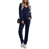 Simlakey Women 2 Piece Knit Set Long Sleeve Sweater Loungewear Casual V Neck Outfits Fashion Vacation Travel Matching Set