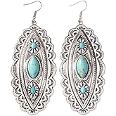 Vintage Long Turquoise Statement Dangle Drop Earrings for Women Silver Plated Antique Boho Western Flower Dangling Fish Hook Earring Bohemian Tribal Birthday Holiday Jewelry Gifts