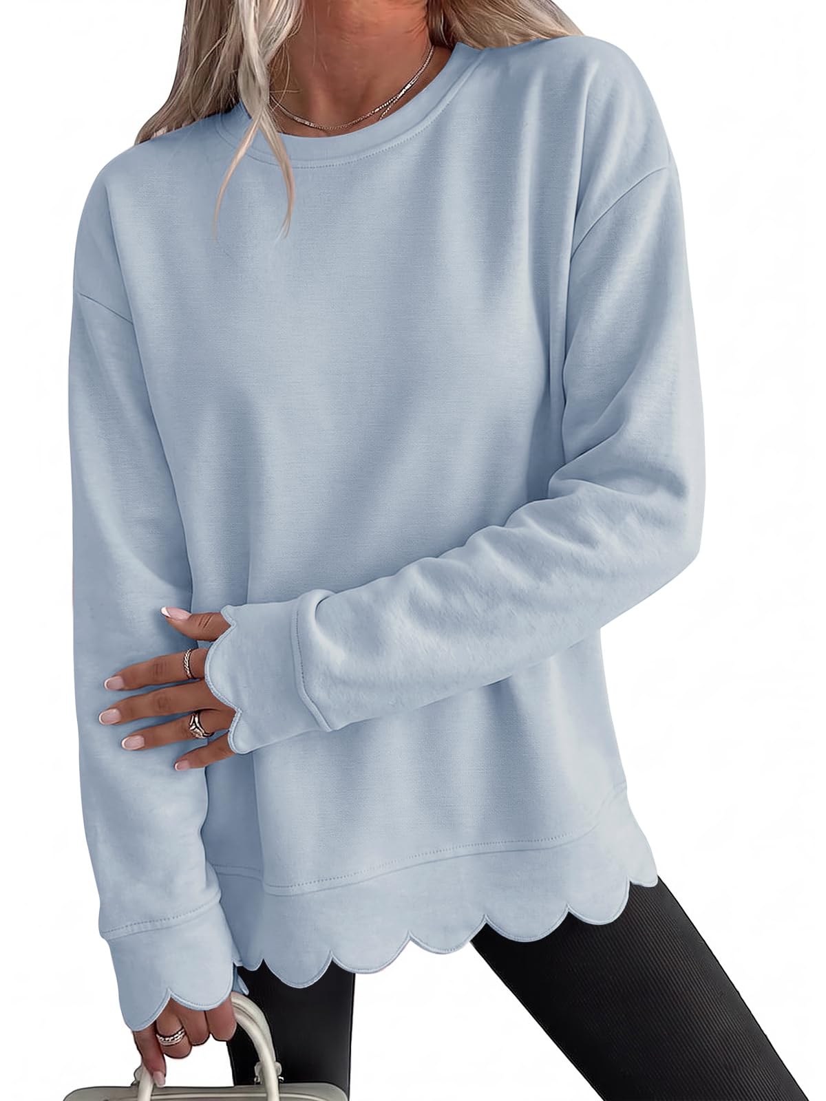 Fisoew Womens Oversized Crewneck Sweatshirts Scalloped Casual Pullover Tops | Long Sleeve, Comfort Soft Cute Sweater, Relaxed