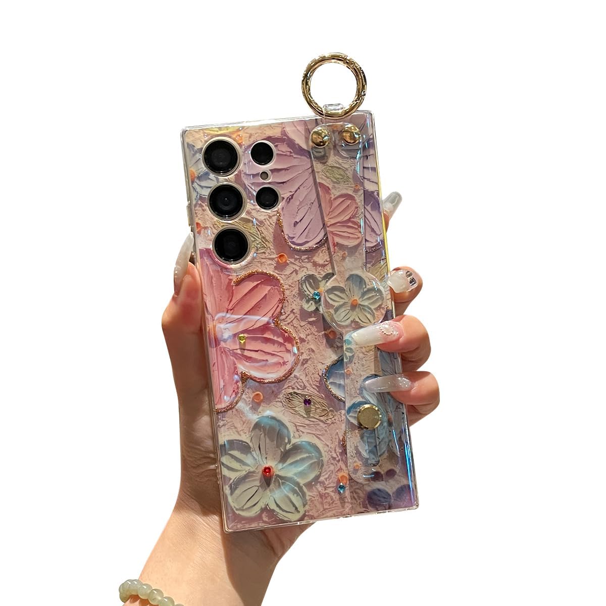 Photo 1 of Lastma for Samsung Galaxy S22 Ultra Case 6.8" with Wrist Strap IMD Cute Cartoon Flower Pattern Design Silicone Shockproof Protective Phone Cases for Girls & Women - Colour Oil Painting Flowers