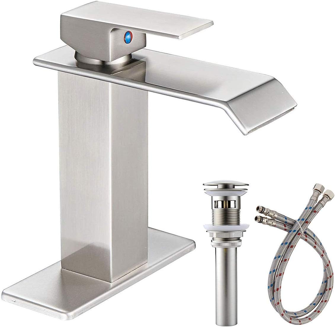 Greenspring Waterfall Commercial Spout Brushed Nickel Single Handle One Hole Bathroom Sink Faucet Deck Mount Lavatory - - 