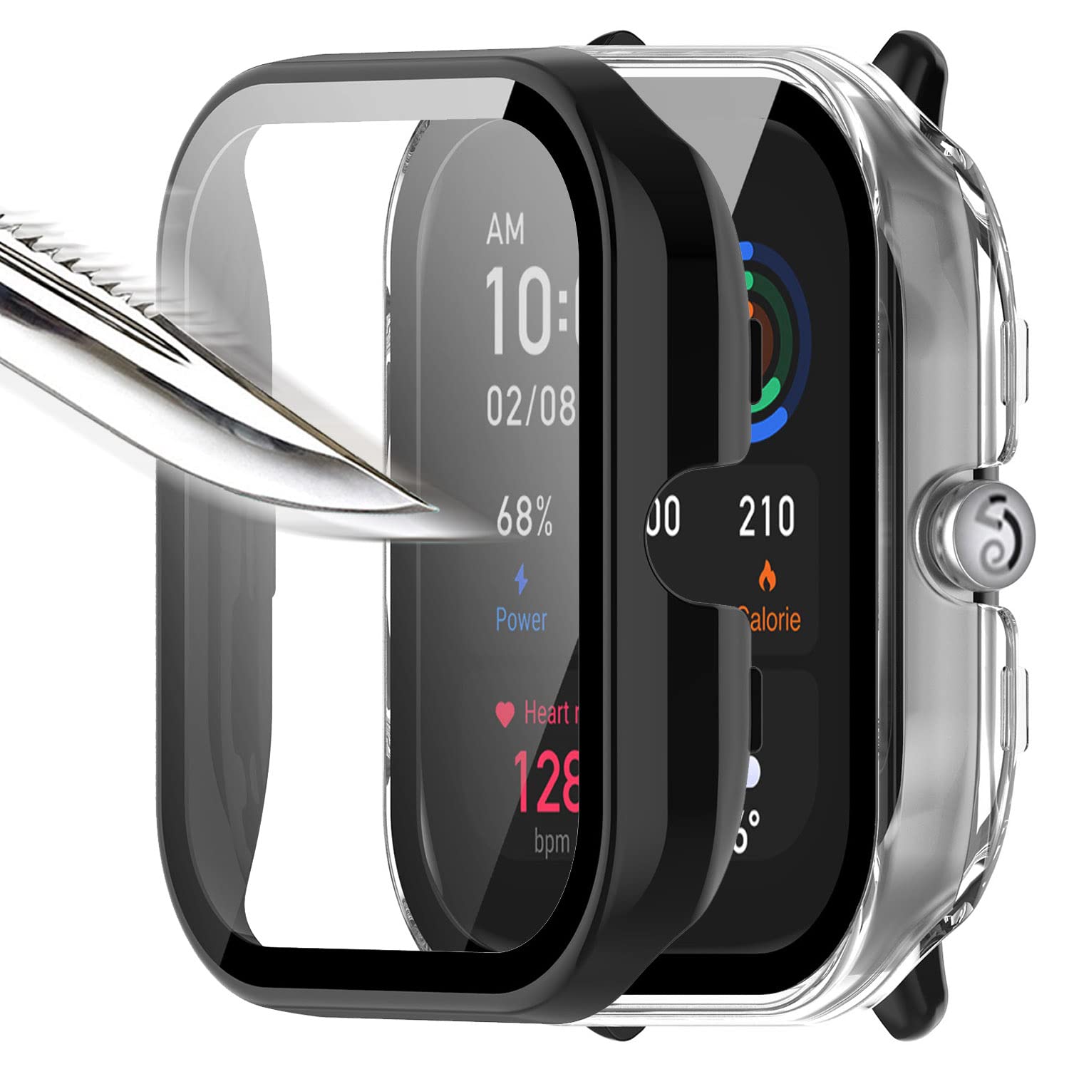 Msm-case Pack of 2 with Tempered Glass Screen Protector Protective Case Compatible with Amazfit GTS 4 Mini, Hard PC All-Round Screen Protector Ultra Thin Bubble-Free Against Scratches Protective Case