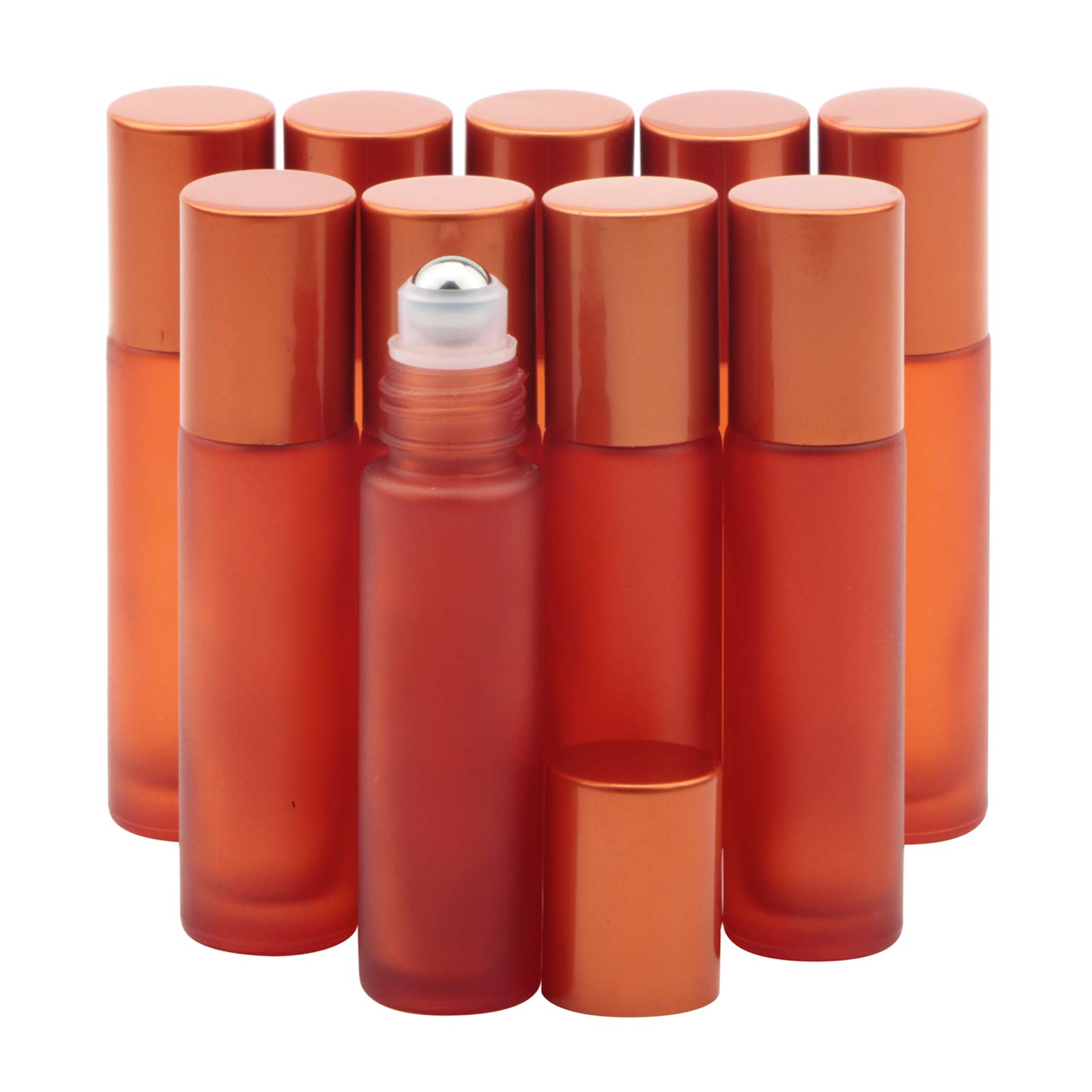 Rowiz 10PCS 10ml Orange Frosted Glass Bottle Leakproof Glass Bottle Essential Oil Roller Bottles Set with Stainless Steel Balls and Anodized Aluminum Screwcap for Perfume & Aromatherapy Oils