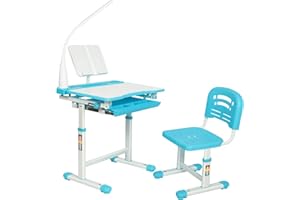 Diroan Kids Functional Desk and Chair Set, Height Adjustable Children School Study Desk with Tilt Desktop, Bookstand, LED Light, Metal Hook and Storage Drawer for Boys Girls, Blue