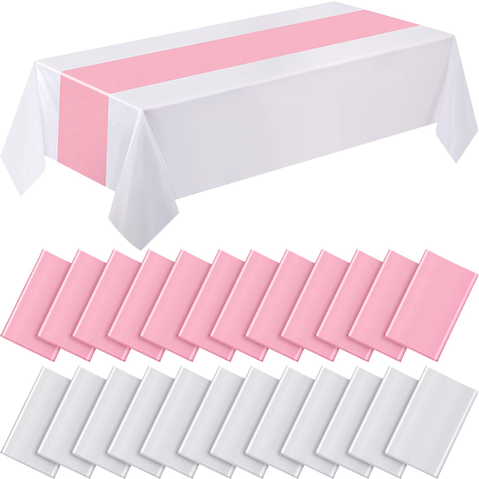 Photo 1 of Shimeyao 12 Pack Pink Satin Table Runner 12x108 Inch with White Plastic Tablecloth Set, 54x108 inch Disposable Rectangle Table Cover Waterproof for Party Wedding Birthday Celebration Baby Shower