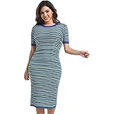 togputel Women Short Sleeve Striped Midi Dress, Crew Neck Pattern Ribbed Casual Bodycon Knit Dress Knee Length