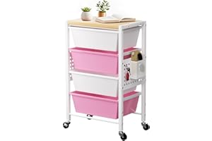 TIME FOREST Rolling Cart with 4 Drawers, Plastic Drawer Storage Carts with Lockable Wheels & Wooden Tabletop, Metal Utility Cart with Pegboards & Hooks, Office Playroom Craft Organizers and Storage, Pink