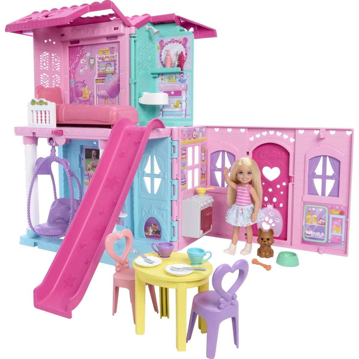 Barbie Chelsea Toy Dollhouse with 15+ Accessories, Pop-Up House Expands to 17+ x 13+ inches with 5 Play Areas & Slide, Includes Small Doll & Pet Dog