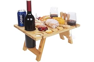 LIVOCCUR Portable Wine Picnic Table, Folding Bamboo Snack Table with Wine Bottle and Glass Holder for Camping, Beach, Park, Ideal Wine Lover Gift for Camping Furniture