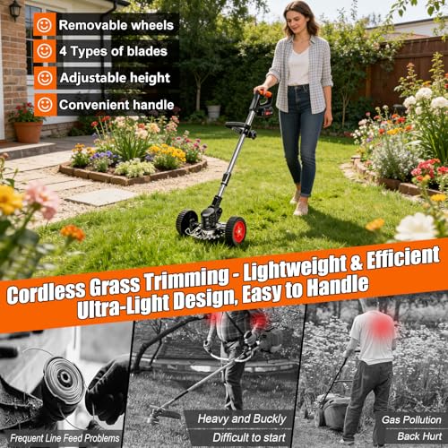21V Cordless Weed Wacker with Wheels, 3-in-1 String Trimmer, Lawn Edger & Brush Cutter for Thick Weeds, 2 Batteries, 4 Types Blades, Adjustable Height, 90° Pivot Head, Lightweight Yard Tool