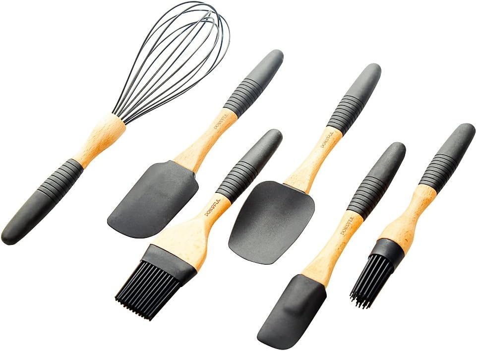 6-Piece Premium Silicone Kitchen Baking Utensils Set with Beechwood Handle, Heat Resistent Flexible Silicone Spatula, Spoon, Balloon Whisk, Basting Brush Set - Removable Design - Black