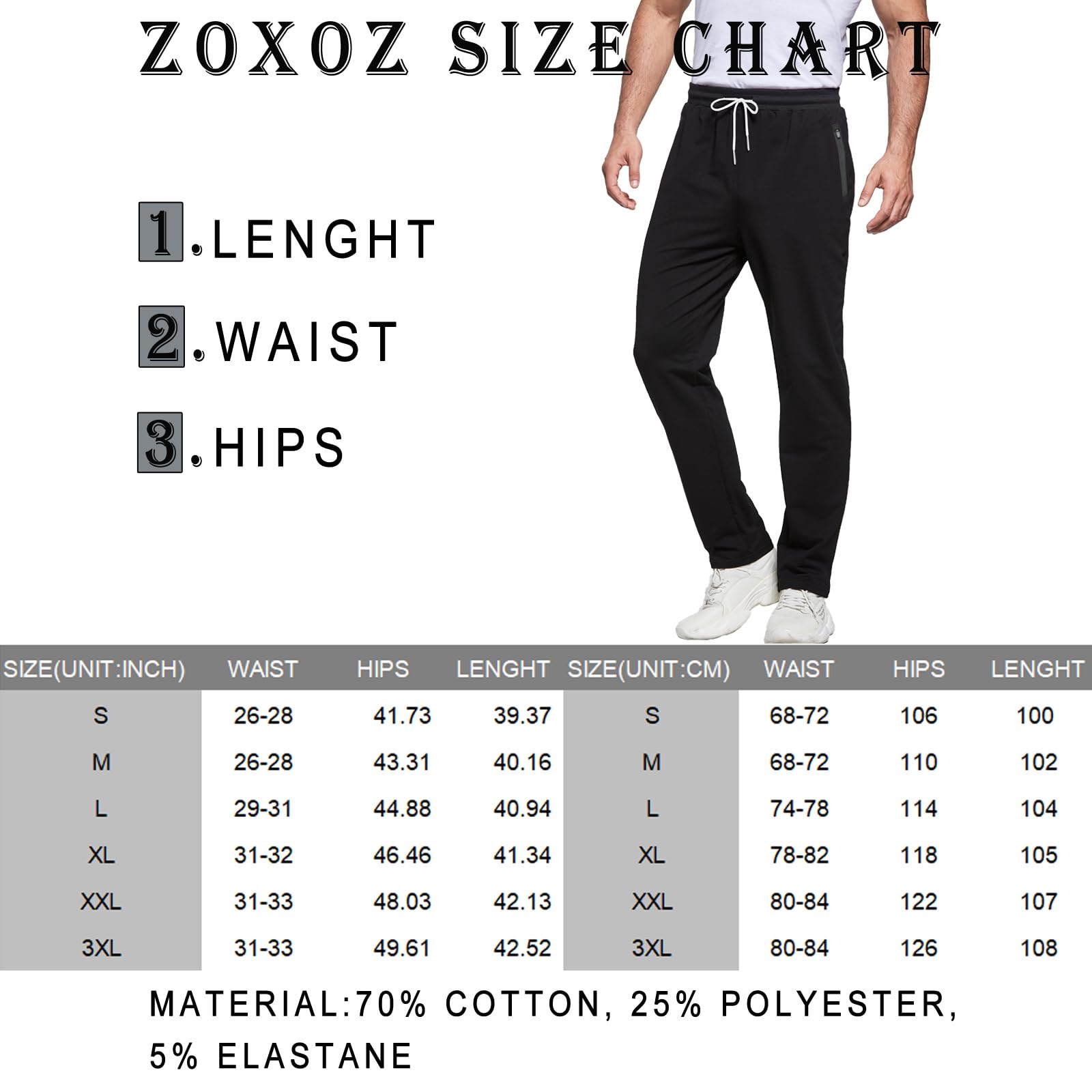 ZOXOZ Jogginghose Herren Trainingshose Herren Baumwolle Sporthose Lang Fitness Sweathose mit Reißverschluss Taschen Schwarz XL 6