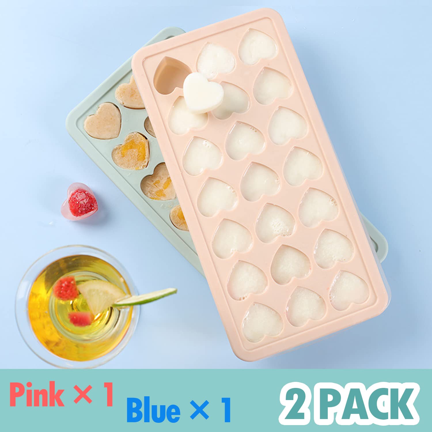 2 Pack Heart Shpaed Ice Cube Trays with Lids, 42 Holes Silicone Heart Ice Cube Molds for Whiskey, Cocktail, Fun Shapes Ice Cubes, Chocolate, Candle, Candy, Jelly, Jello - with Lids Bins