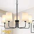 AMZASA Farmhouse Chandelier, Matte Black with White Fabric Shade, Farmhouse Linear Island Lighting Fixture for Kitchen, Dining Room (5-Light Matte Black with Fabric Shades)