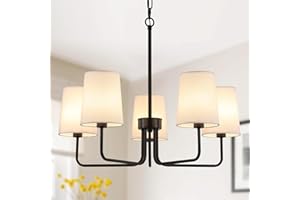 AMZASA Farmhouse Chandelier, Matte Black with White Fabric Shade, Farmhouse Linear Island Lighting Fixture for Kitchen, Dining Room (5-Light Matte Black with Fabric Shades)