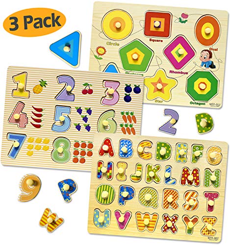 Kids Wooden Alphabet ABC, Numbers 123 and Shapes Learning Puzzles Board, 3 Puzzle Set Preschool Educational Peg Puzzles Montessori Toy for 1 2 3 Year Olds Toddlers Baby Girls Boys