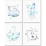 Confetti Fox Sea Nursery Pictures Wall Art Decor - 8x10 Unframed Set of 4 Prints - Kids Ocean Life Baby Animals - Whale Octop