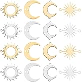 SUNNYCLUE 1 Box 32Pcs 8 Styles Moon Connector Charms Sun and Moon Charms Bulk Gold Silver Stainless Steel Hollow Crescent Connectors Pendants for Jewelry Making DIY Links Craft Supplies Earrings