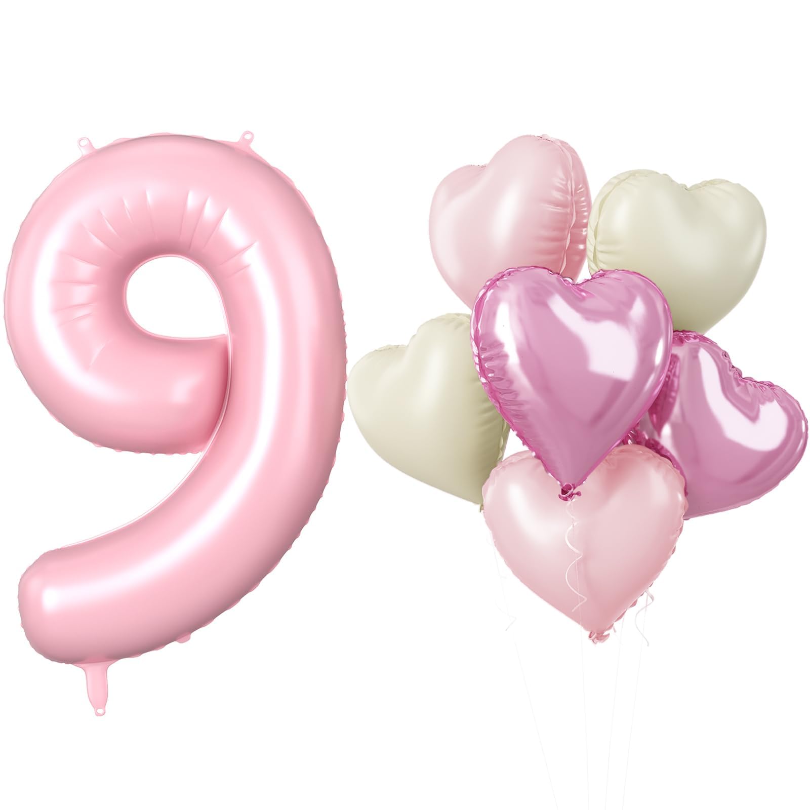 40 Inch Light Pink 9 Balloons, Large Pearl Pink Number 9 Balloon with 18 Inch Pastel Baby Pink Cream Foil Heart Balloons Helium for Girls 9th Birthday Party Baby Shower Princess Party Decorations