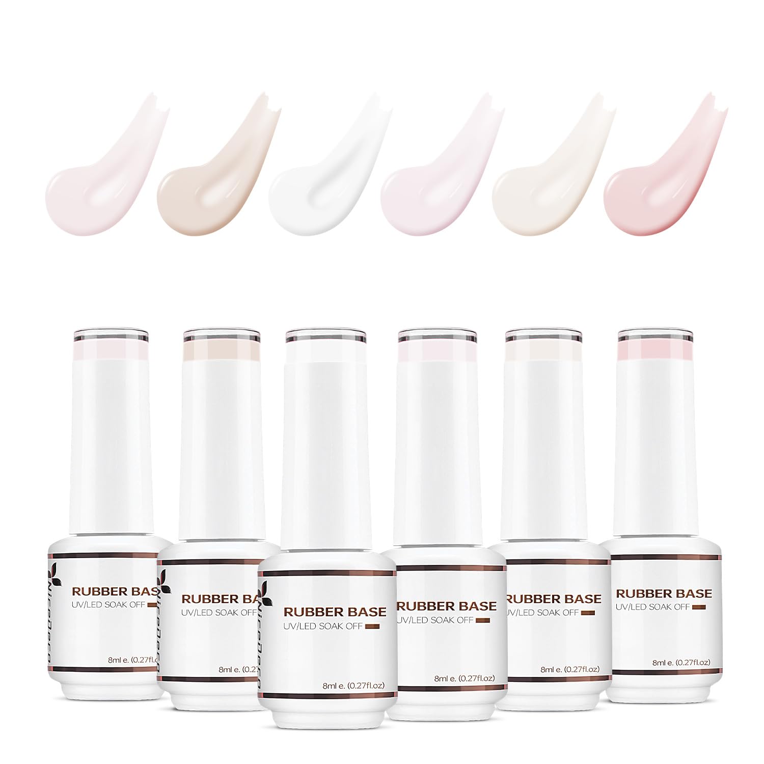 Nicedeco 4 In 1 Rubber Base Gel Set For Nails, Hema Free Nude Rose Pink Sheer Color Gel Nail Polish UV LED,Elastic Rubber Nail Strengthen Enhance Base Coat 6pcs x 8ml-Kit33