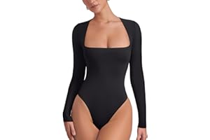 Cyanstyle Women's Sexy Square Neck Long Sleeve Double Lined Bodysuit Tops Fall Winter Outfits 2024