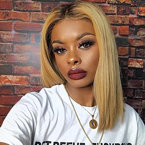 Alice Hair 130% Density 1B 27 Short Bob Wig Lace Front Human Hair Wigs With Baby Hair Straight Ombre Honey Blonde Virgin Full Lace Wig Human Hair Pre Plucked (14 Inch 130%Density, Lace Front Wig)