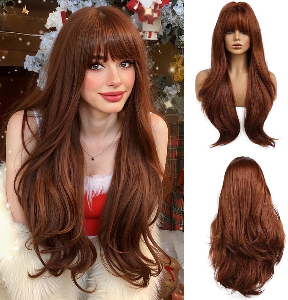 Esmee 26 Inches Long Dark Auburn Wig with Bangs Slightly Curly Hair Ends Natural Synthetic Hair Straight Wigs for Women Daily Party Cosplay Wear — image 1