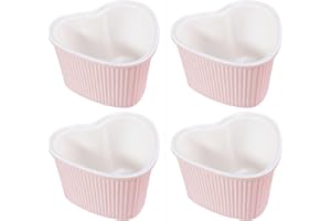 Sizikato Heart-Shaped Pink Porcelain Souffle Dishes, Ramekins - 3.5 Inches for Souffle, Creme Brulee and Dipping Sauces - Set of 4