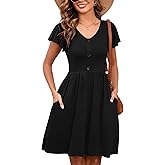 Heymoments Women Summer Dresses Ruffle Sleeve Casual V Neck Swing Button Down Flowy Dress with Pockets