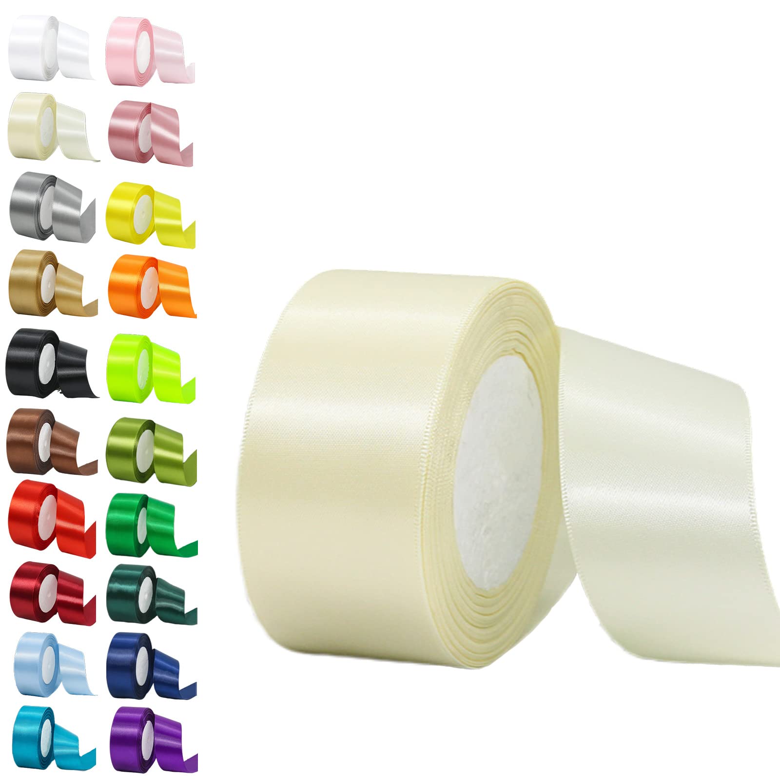 Ivory White Ribbon - 22M, 2Inch Wide, Double Sided Satin, Thick, Solid, Decorative, for Gift Wrapping, Wedding, Car, Sewing, Floral, Xmas Presents