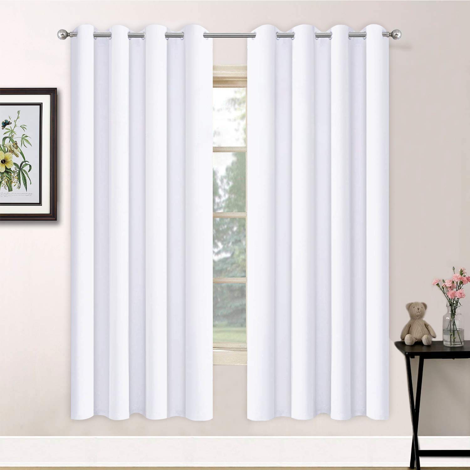 Yakamok White Thermal Insulated Curtains 84 Inch Length Solid Grommet Top Window Treatment Curtain Light Blocking Room Darkening Drapes for Bedroom Living Room(52x72 Inch, Pure White, 2 Panels) Image