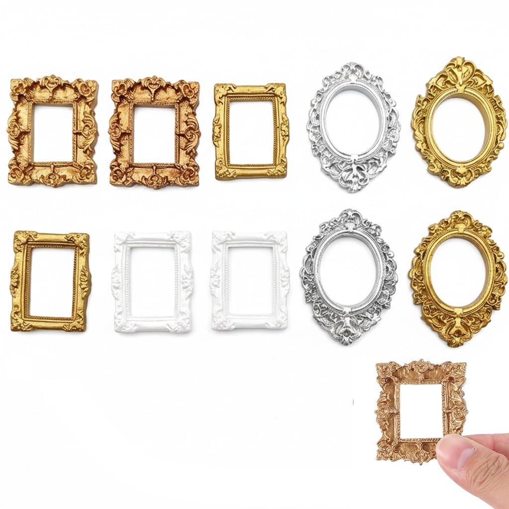 ZhuPu 10 Pcs Miniature Picture Frame Set, 5 Unique Vintage Designs for Dollhouse & Crafts, Mixed Gold & Silver Colors