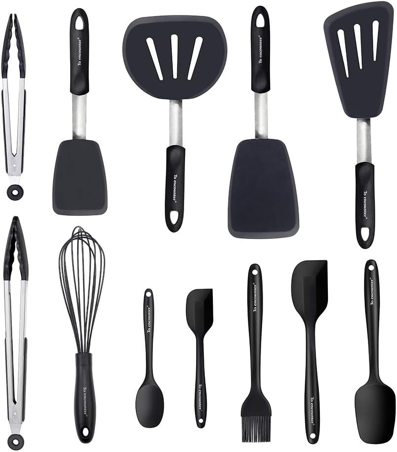 To encounter Silicone Spatula Set 12pcs Nonstick Kitchen Utensil Set Rubber Fish Spatulas Pancake Flippers Heat Resistant Seamless Turner Spatula Spoonula Dishwasher Safe for Mixing Cooking and Baking