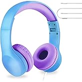 LilGadgets Connect+ Foldable Headphones, Adjustable Fit Soft Touch Padding for Kids with Mic, Volume-Limited & Noise Reduction On-Ear Wired Headset for School with SharePort - Blue/Purple, Ages 3-14