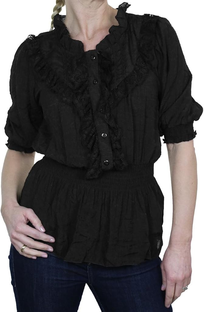 ICE (4058-1) Camisa elegante textura Negro brillante con ¾ mangas y Chorrera de encaje (38-42): Amazon.es: Ropa y accesorios