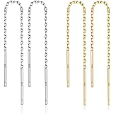 LINGBG JEWELRY 2 Pairs S925 Sterling Silver Chain Threader Earrings For Women Bar Wrap Threader Dangle Drop Earrings Lightweight Minimalist Hypoallergenic Earrings Anniversary Jewelry