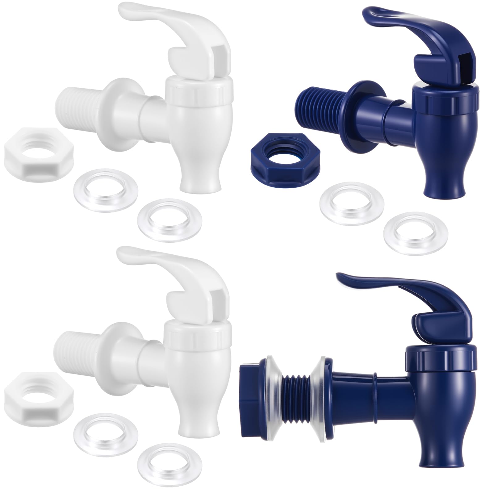 Photo 1 of Honoson 4 Sets BPA-Free Replacement Cooler Faucet Water Bottle Jug, Dispenser Tap Set, Reusable Spigot Spout Water Beverage Lever Pour Dispenser Valve Crock Tap (White,Dark Blue)