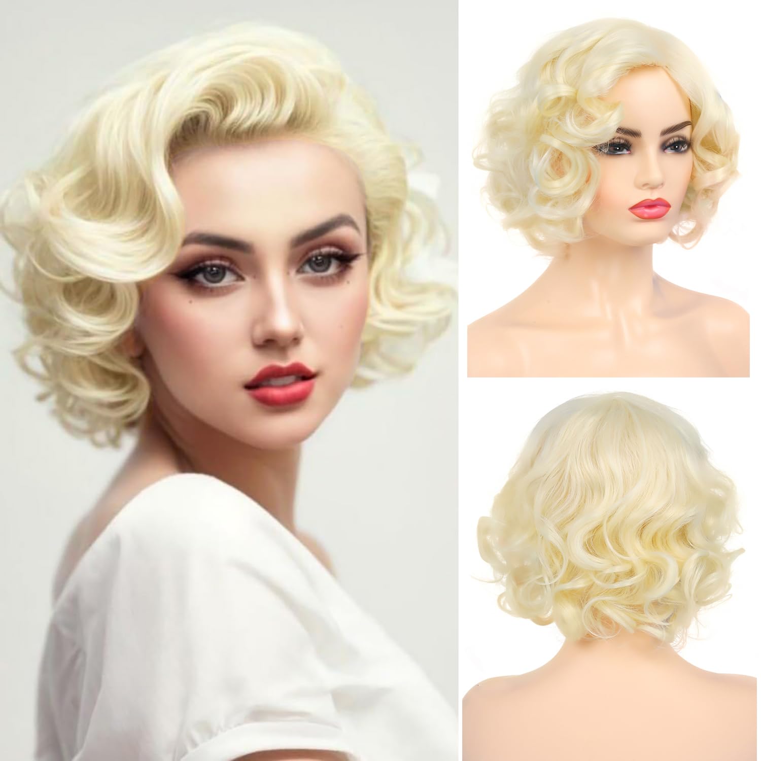 Photo 1 of Dsimeig Short Curly Wavy Blonde Wigs for Women Synthetic Natural Hair Wig Halloween Costume Cosplay Wig