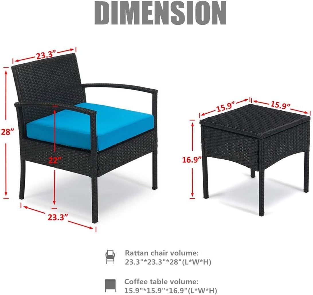 PCAFRS 3 Piece Patio Furniture Set, PE Rattan Wicker 3 Pcs, Outdoor Wicker Rattan Conversation Set with Coffee Table, Chairs & Thick Cushions, Conversation Chair Set for Garden, Porch, Poolside (Blue): Garden & Outdoor