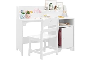 MILLELOOM Kids Desk and Chair Set,Study Desk for Kids with Hutch, Storage Cabinet, Wooden Children Study Table, Student Writing Desk Computer Workstation for Kids Bedroom & Study Room,White
