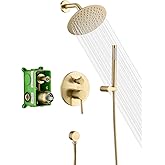 sumerain Brushed Gold Shower Faucet System with high pressure 8 Inches rain shower head and brass hand shower, Rough-In Valve Body and Trim Included