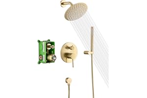 sumerain Brushed Gold Shower Faucet System with high pressure 8 Inches rain shower head and brass hand shower, Rough-In Valve Body and Trim Included